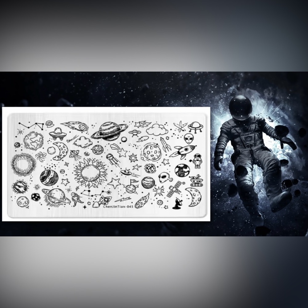 $5 SPACE NAIL STAMPING PLATE. STAINLESS STEEL WITH WHITE BASE. NEW. $5 IF BUNDLE